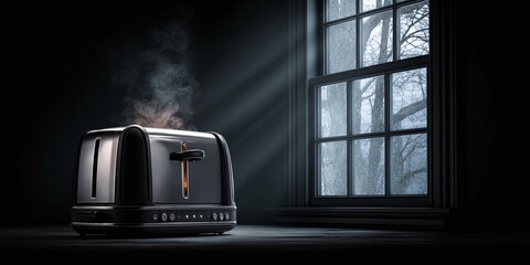 Cozy morning with a steaming toaster, creating a warm atmosphere in a room with a view of a rainy day through a window. Simple pleasures of everyday life.