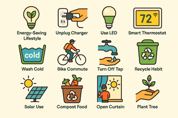 Eco-friendly habits: energy saving and sustainable living tips illustrated