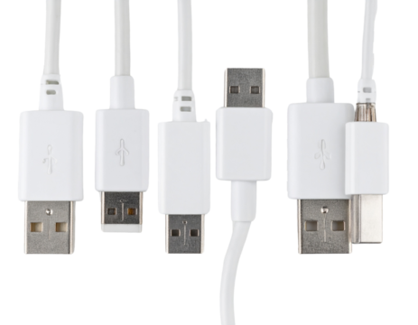 Collection of White USB Cords with Multiple Connector Styles, Transparent PNG