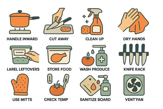 Kitchen safety tips illustrated: food handling, cleaning, and storage practices