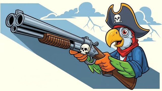 A cartoon parrot pirate aiming a shotgun, set against a backdrop of mountains and clouds.