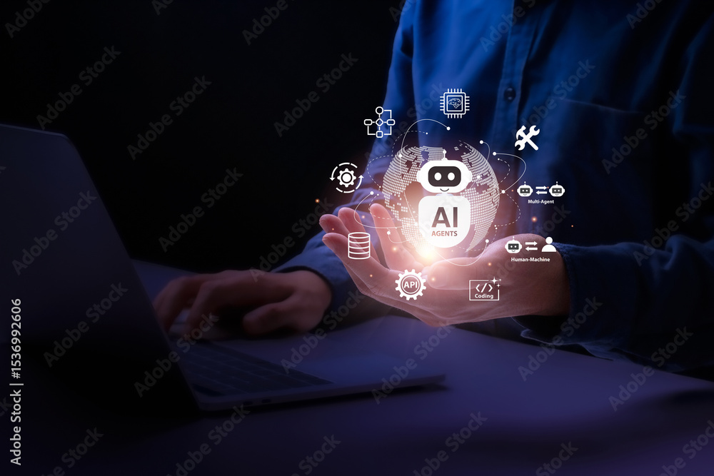 Poster ai agent and generative artificial intelligence concept. businessman using ai agents on screen, incl