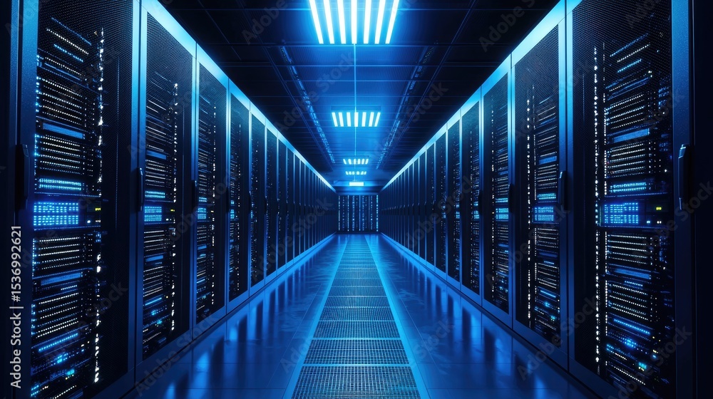 Aufkleber Symmetrical view of a modern illuminated data center with rows of blue-lit server racks, ideal for cloud infrastructure, cybersecurity visuals, and digital storage concepts