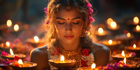 Indian Woman Meditating Surrounded by Oil Lamps with Flowers and Golden Jewelry