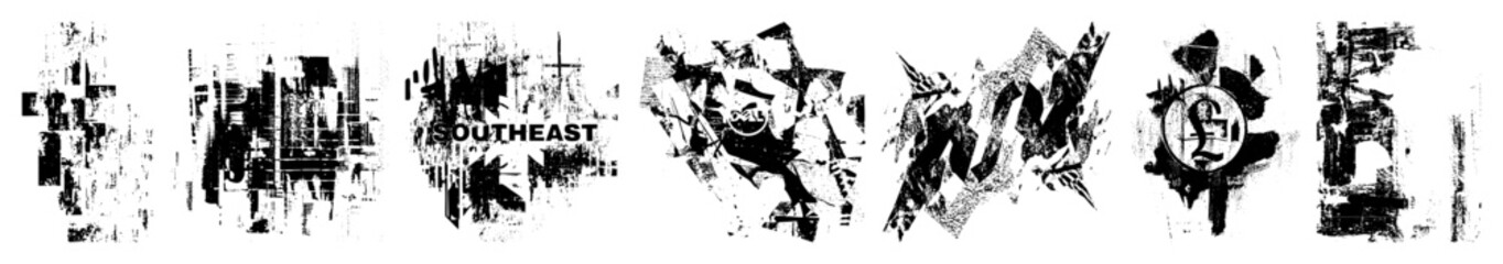 Vector Abstract distressed typography spells out Southeast with fragmented vector elements.