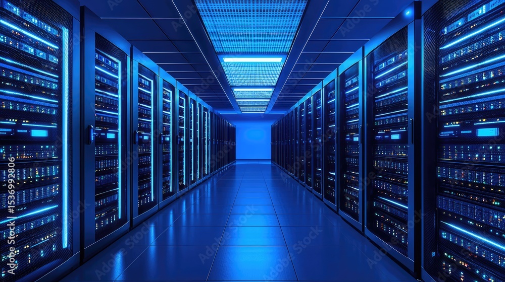 Aufkleber Modern large data center with rows of powerful blue-lit servers in a high-tech environment, perfect for cloud computing, cybersecurity, and data infrastructure concepts