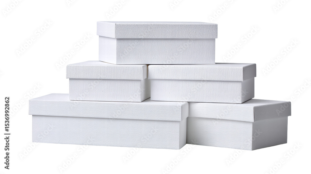 Poster white box isolated on transparent background with stack of six boxes arranged neatly