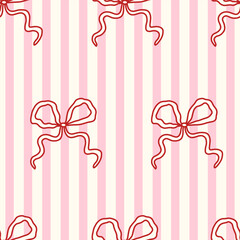 Seamless coquette pattern with red bows on pink and cream vertical stripes. Girly and romantic design perfect for fabric, wrapping paper, digital backgrounds, and kawaii-inspired projects.