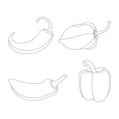 Four In Four Styles Outline Pepper Vector Design Bundle. Pepper Habanero Jalapeno Bell Serrano. Vector Illustration
