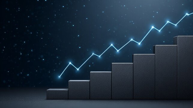 Analyzing business growth financial infographic report on data staircase with flowing graphs in a digital environment