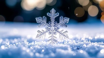 Detailed snowflake resting on a bed of snow crystals, captured with a shallow depth of field and blurred bokeh lights in the background. - Powered by Adobe