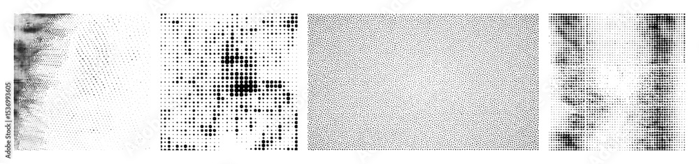 Poster vector four abstract portraits composed of scattered dots and shapes.