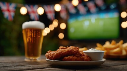 Beer and Fried Chicken with Union Jack Decor at Outdoor Game Viewing