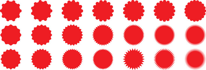 Red starburst sticker set. Circle sticker set. Special offer price tag. Price sticker, sale sticker, starburst, quality mark, retro silhouette. Sunburst retro sale badge, quality signs, red sale tag.