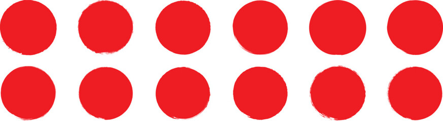 Set of red grunge circles shapes, grunge round shapes. Paint brush stamp collection. Vector brush circle. Red grunge circle stamp.