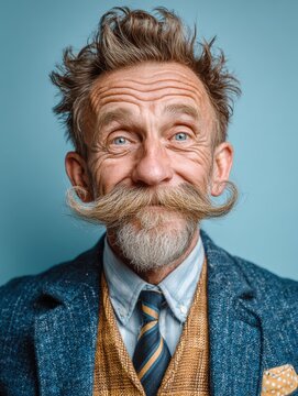 Portrait of a Handsome Man with Impressive Groomed Moustache on Bright Background &ndash; Stylish Male Model with Facial Hair, Copy Space