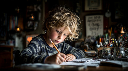 A young boy drawing with a pencil at a cluttered desk dark.
