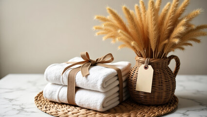 Stacked gray linen towels with natural ribbon, next to a wicker vase of dried wheat and gift tag on woven mat.