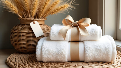 Stacked gray linen towels with natural ribbon, next to a wicker vase of dried wheat and gift tag on woven mat.