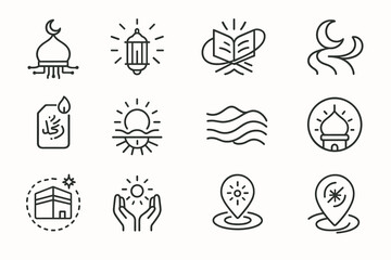 Outline icons of islamic symbols: mosque, lantern, quran, moon, sun, waves, kaaba, hands