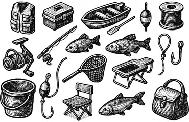 A comprehensive collection of hand-drawn, black and white fishing gear and supplies, including rods, reels, fish, a boat, tackle box, and accessories