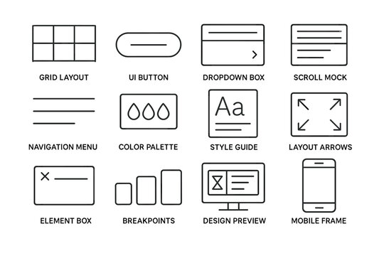 Grid layout ui elements: navigation, design, style guide, mobile frame, dropdown