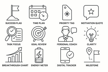 Productivity icons set with success, goals, coaching, and milestones