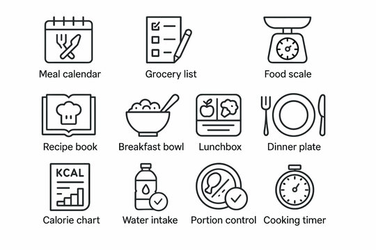 Meal planning essentials: calendar, grocery list, food scale, recipe book, calorie chart