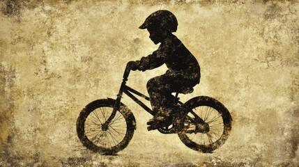 Naklejka premium Silhouette of Child Riding Bike with Vintage Texture Background