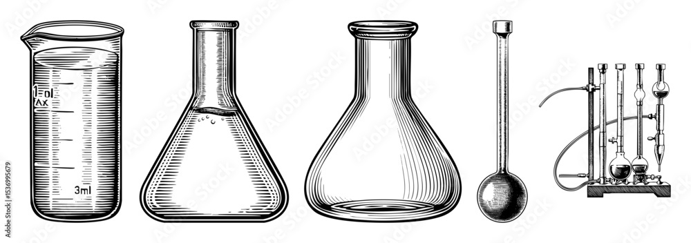 Poster vector vintage laboratory glassware including a graduated cylinder erlenmeyer flask round bottom fla