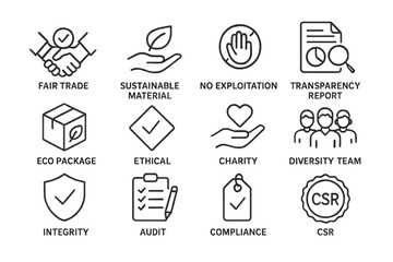 Icons representing fair trade, sustainability, and csr principles