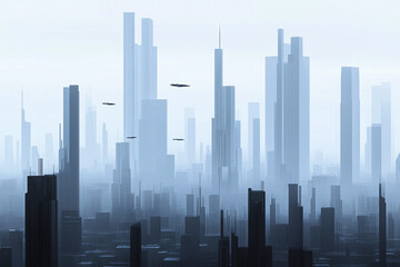 Obraz premium Futuristic skyline with flying cars in a misty urban environment