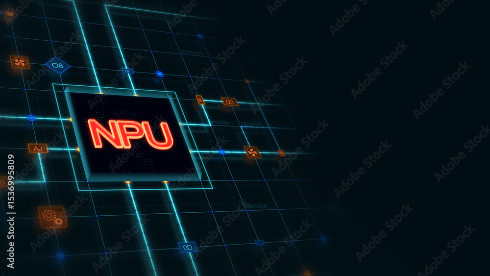 Poster red 3d npu in a square with glowing circuit, line connections and blue grid at the left of a dark ba