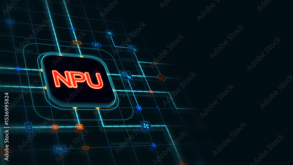 Poster red 3d npu in a rounded rectangle with glowing circuit, line connections and blue grid at the left o
