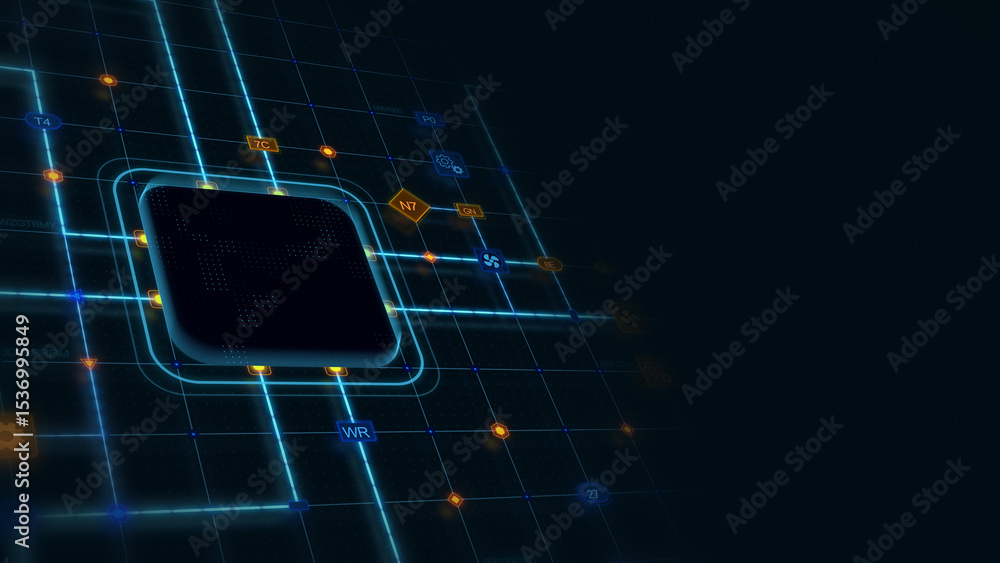 Poster black 3d empty chip in a rounded rectangle with glowing circuit, line connections and blue grid at t