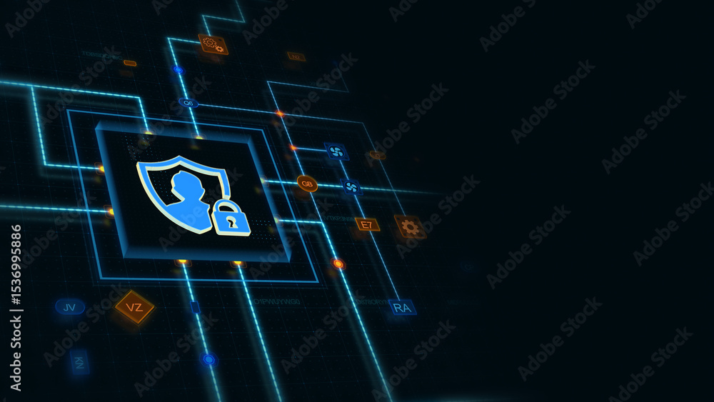 Poster blue 3d privacy data icon in a square with circuit, connections and blue grid at the left of a dark 