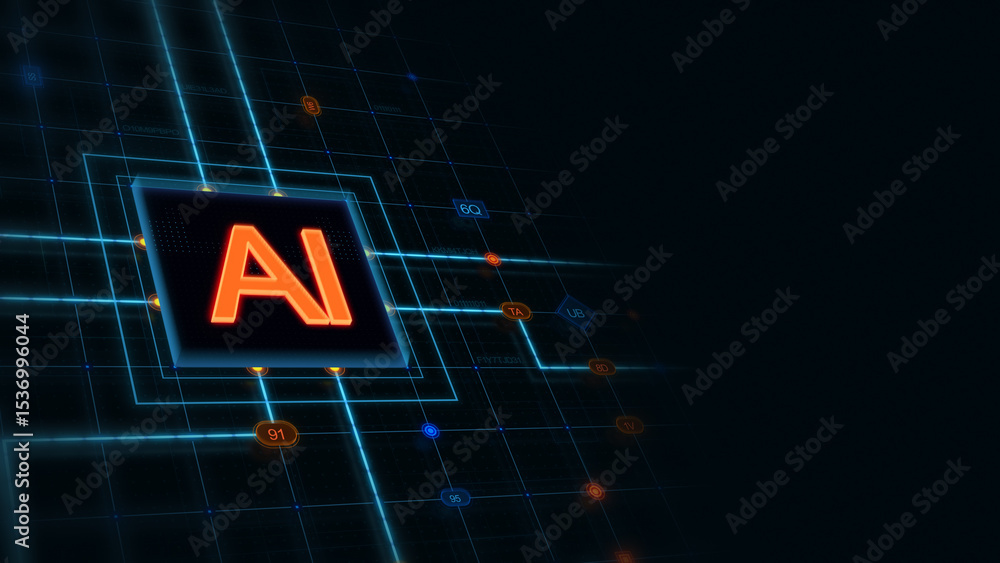 Poster orange 3d ai in a square with glowing circuit, line connections and blue grid at the left of a dark 