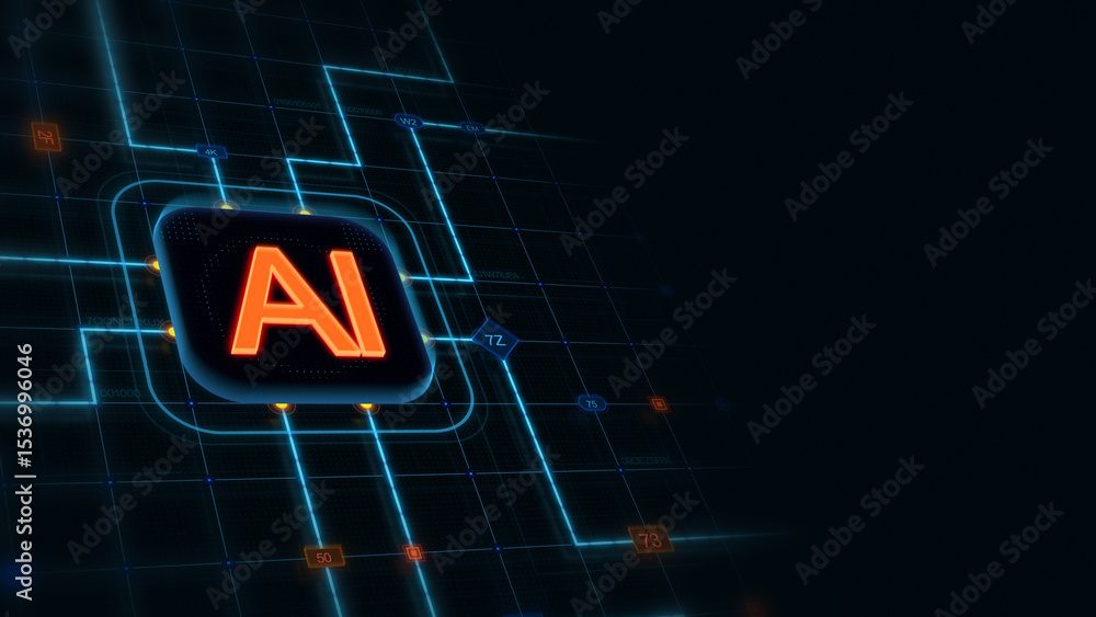 Poster orange 3d ai in a rounded rectangle with glowing circuit, line connections and blue grid at the left