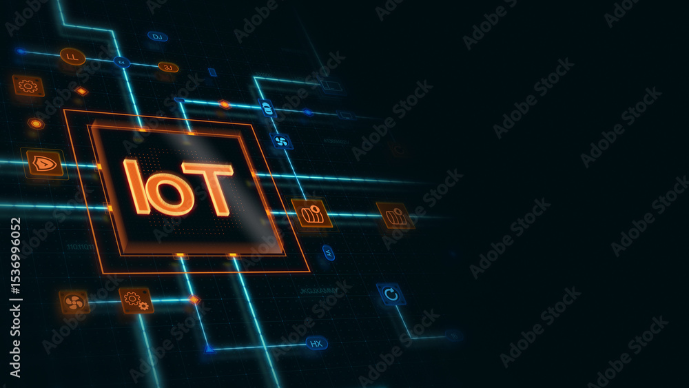 Poster orange 3d iot in a square with circuit, connections and blue grid at the left of a dark background, 