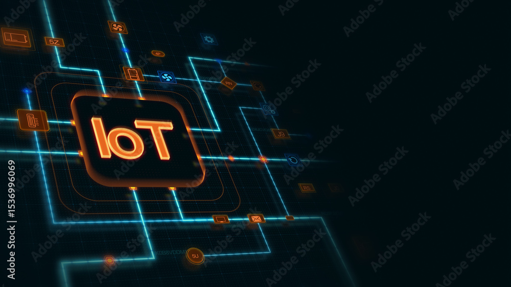 Aufkleber orange 3d iot in a rounded rectangle with circuit, connections and blue grid at the left of a dark b