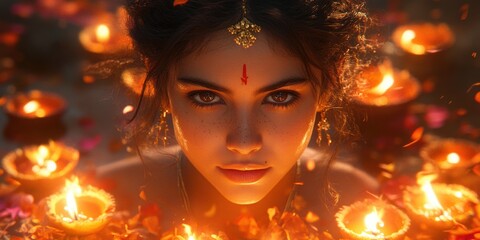 Indian Woman with Festive Adornments Surrounded by Glowing Oil Lamps
