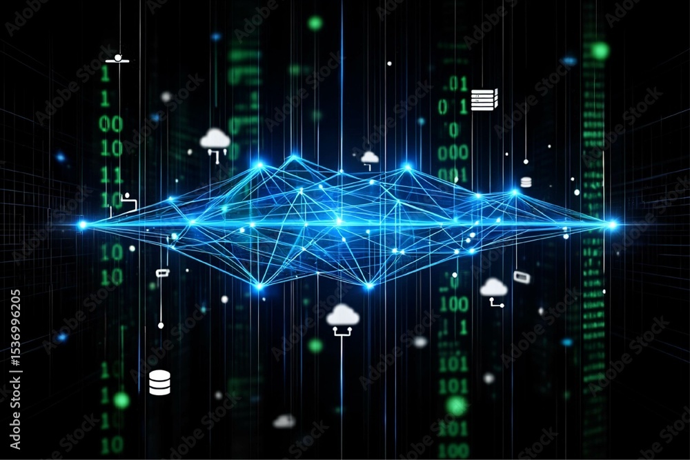 Poster futuristic digital network visualization featuring a glowing blue neural network