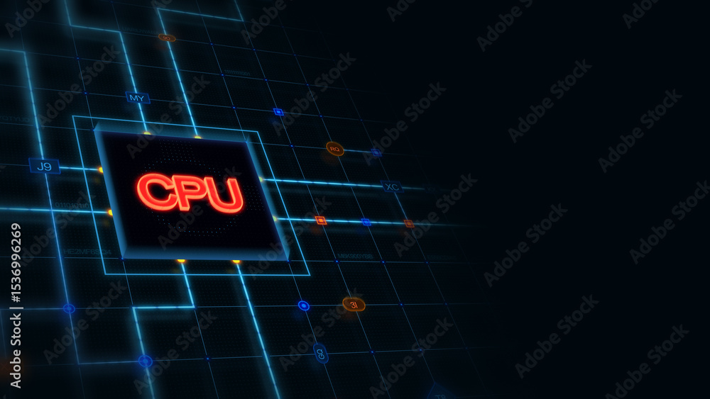 Poster red 3d cpu in a square with glowing circuit, line connections and blue grid at the left of a dark ba