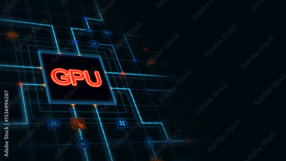 Poster red 3d gpu in a square with glowing circuit, line connections and blue grid at the left of a dark ba