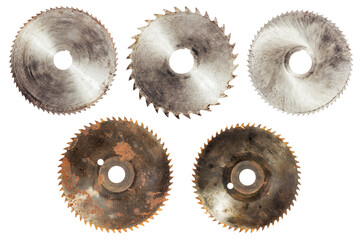 Isolated photo of rusty circular saw blades on white background.