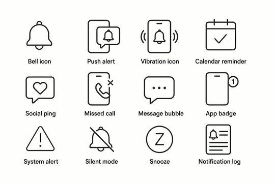 Essential notification icons set: alerts, reminders, and communication symbols