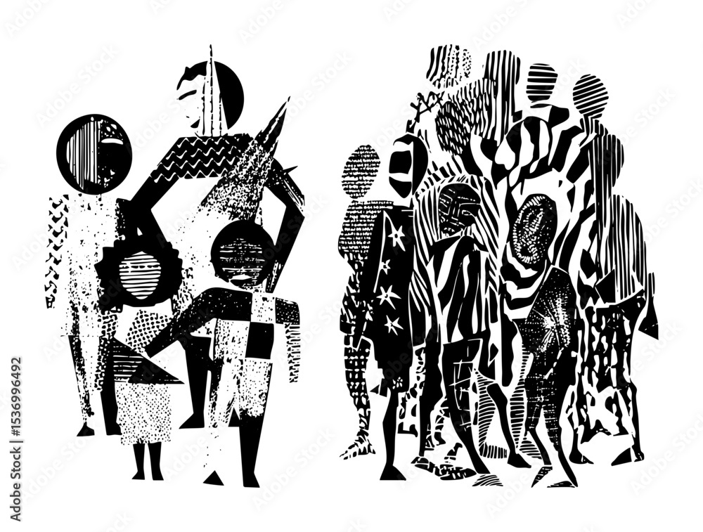 Poster vector abstract figures of people in dynamic composition showcasing community and unity.