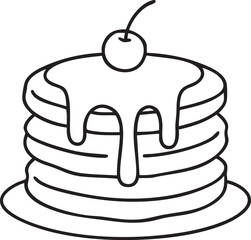 Pancake Stack with Syrup and Cherry Topping Black and White Line Art Illustration for Breakfast stack