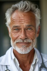 Portrait of a Friendly Senior Doctor Wearing a White Coat Professional Healthcare Medical Physician Elderly Man Smiling Gentle Kind Experienced Specialist  Mature Adult Person grey hair face happy    
