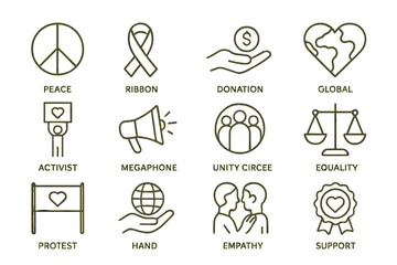 Peace, activism, and global unity icons on gold background